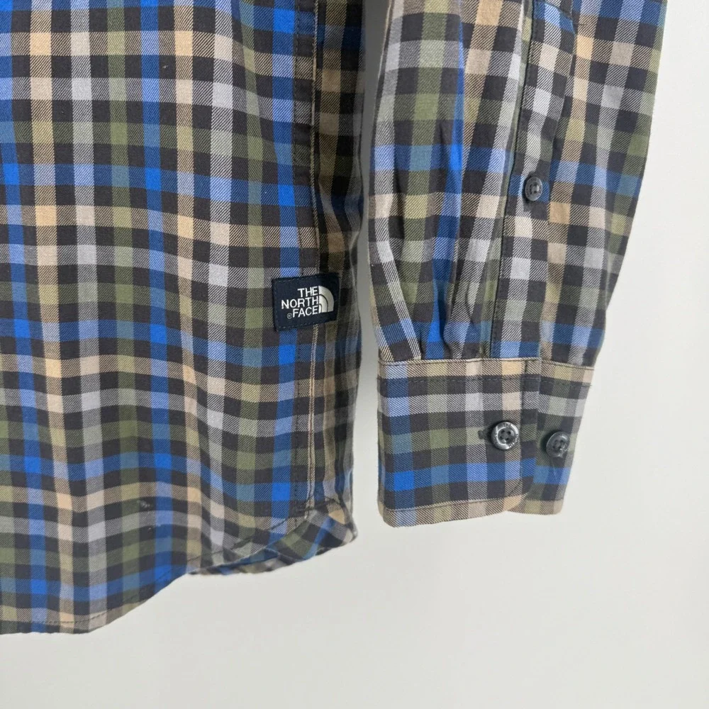 The North Face Mens Plaid Long Sleeve Button‎ Down Shirt Blue Green Tan Medium